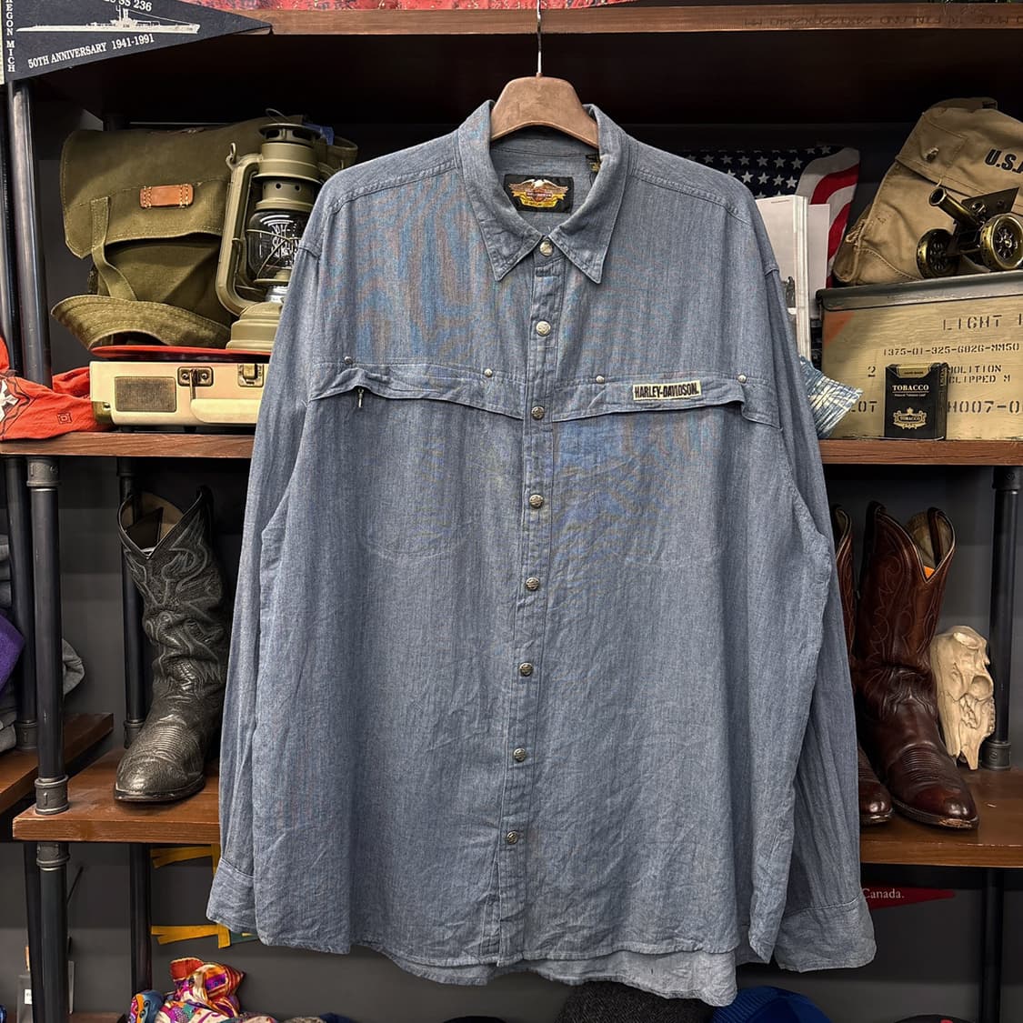 90s 할리데이비슨 듀얼지퍼 메탈버튼 샴브레이 워크셔츠 N199 상품이미지1