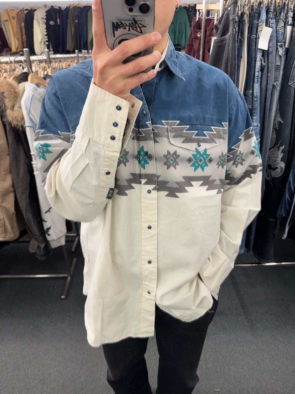 OS)BROIKS&DOWN 빈티지 나바호 패턴 투톤 셔츠 상품이미지1