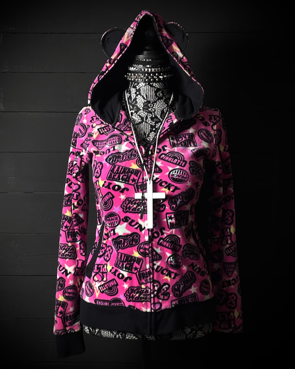 JPN 갸루 펑크 핑크 스타 별 패턴 레터링 쿠마 곰 후드집업 상품이미지1