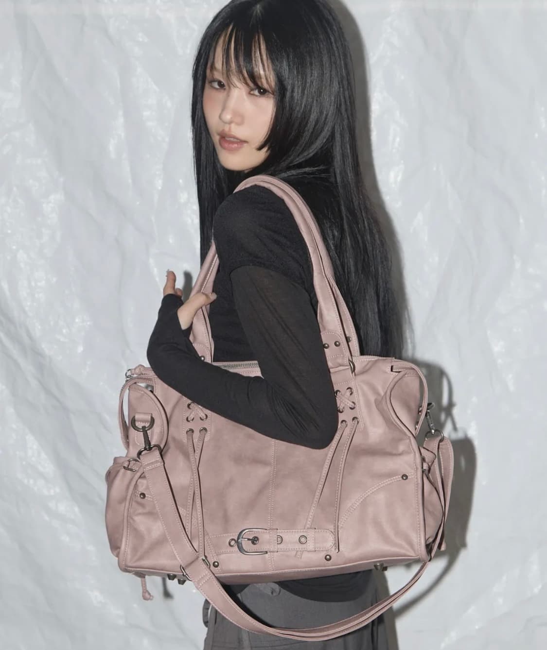 팬시클럽 벨티드 워싱 숄더백 베이비 핑크 상품이미지4