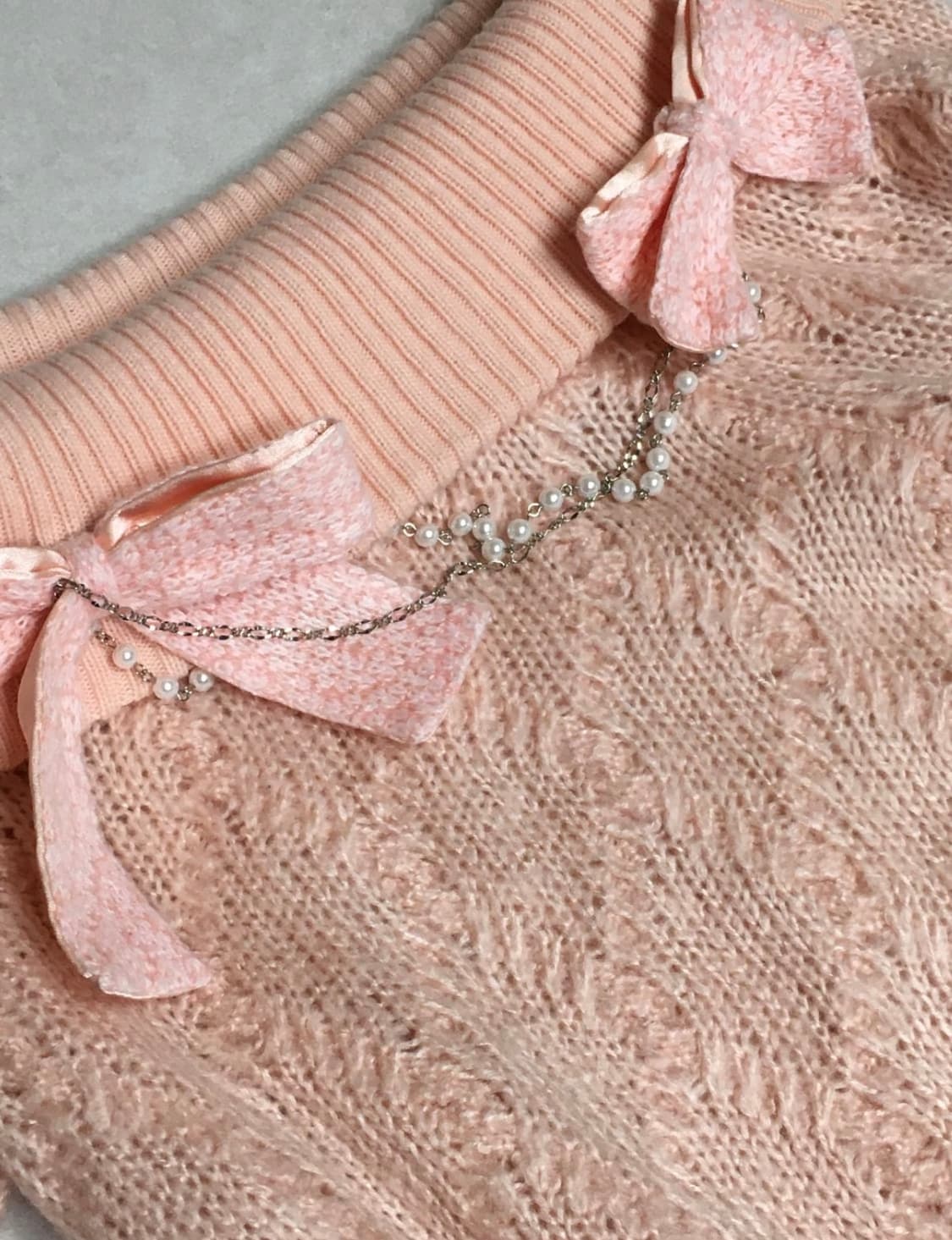 리즈리사 리본 진주 핑크 오프숄더 니트 라떼 히메 갸루 러블리 빈티지 상품이미지2
