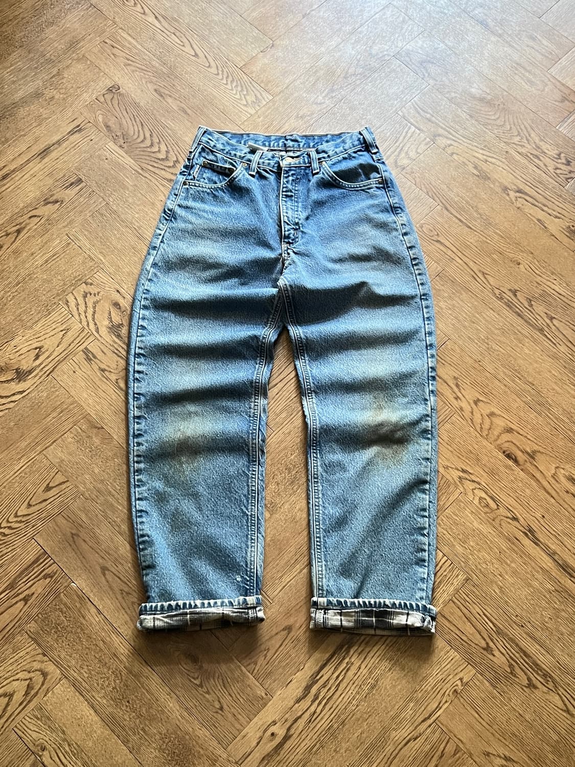 [30]칼하트 USA 체크 라이닝 빈티지 워싱 워크 데님 팬츠 상품이미지1