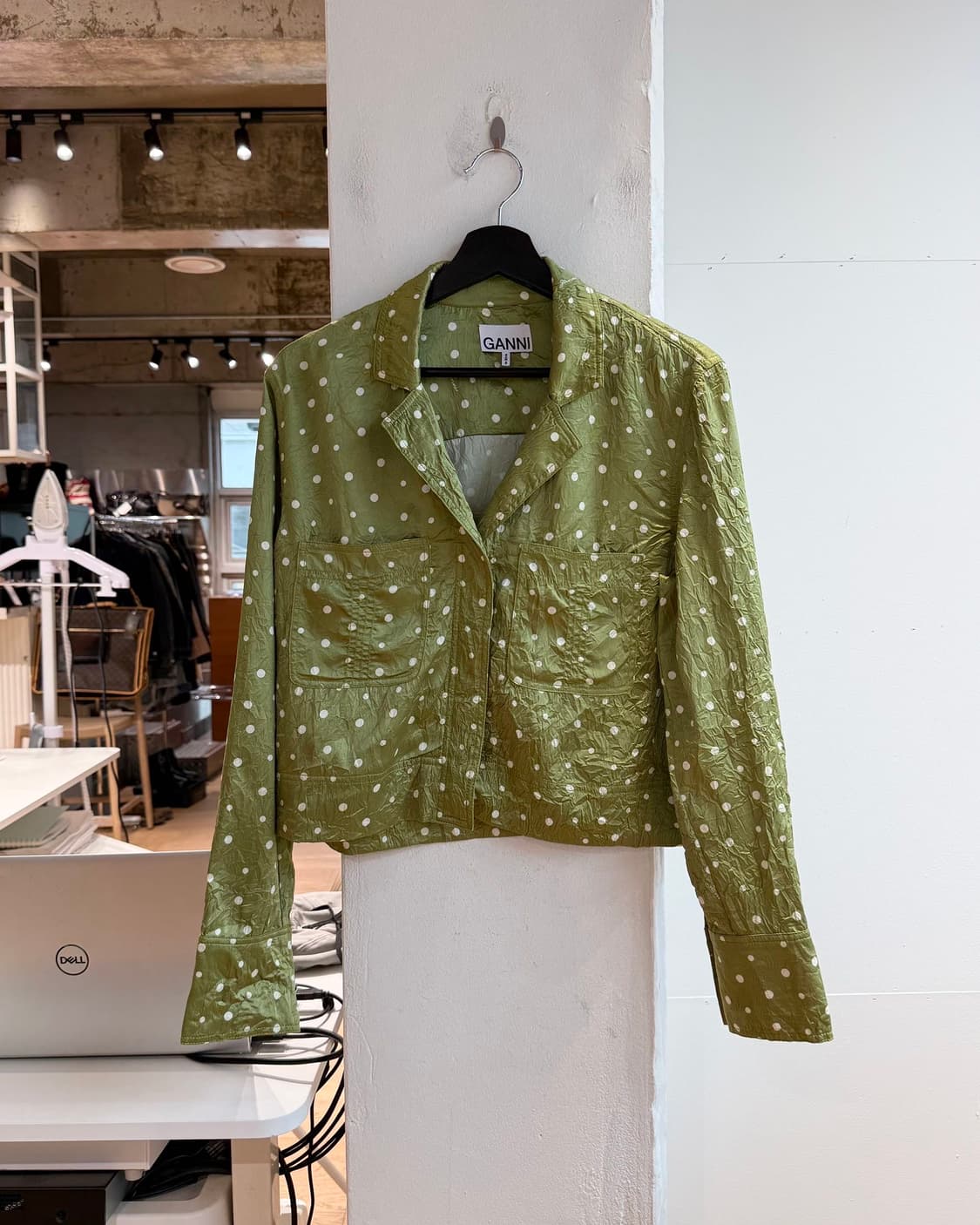 가니 그린 실키 폴카 도트 크롭 셔츠 상품이미지2