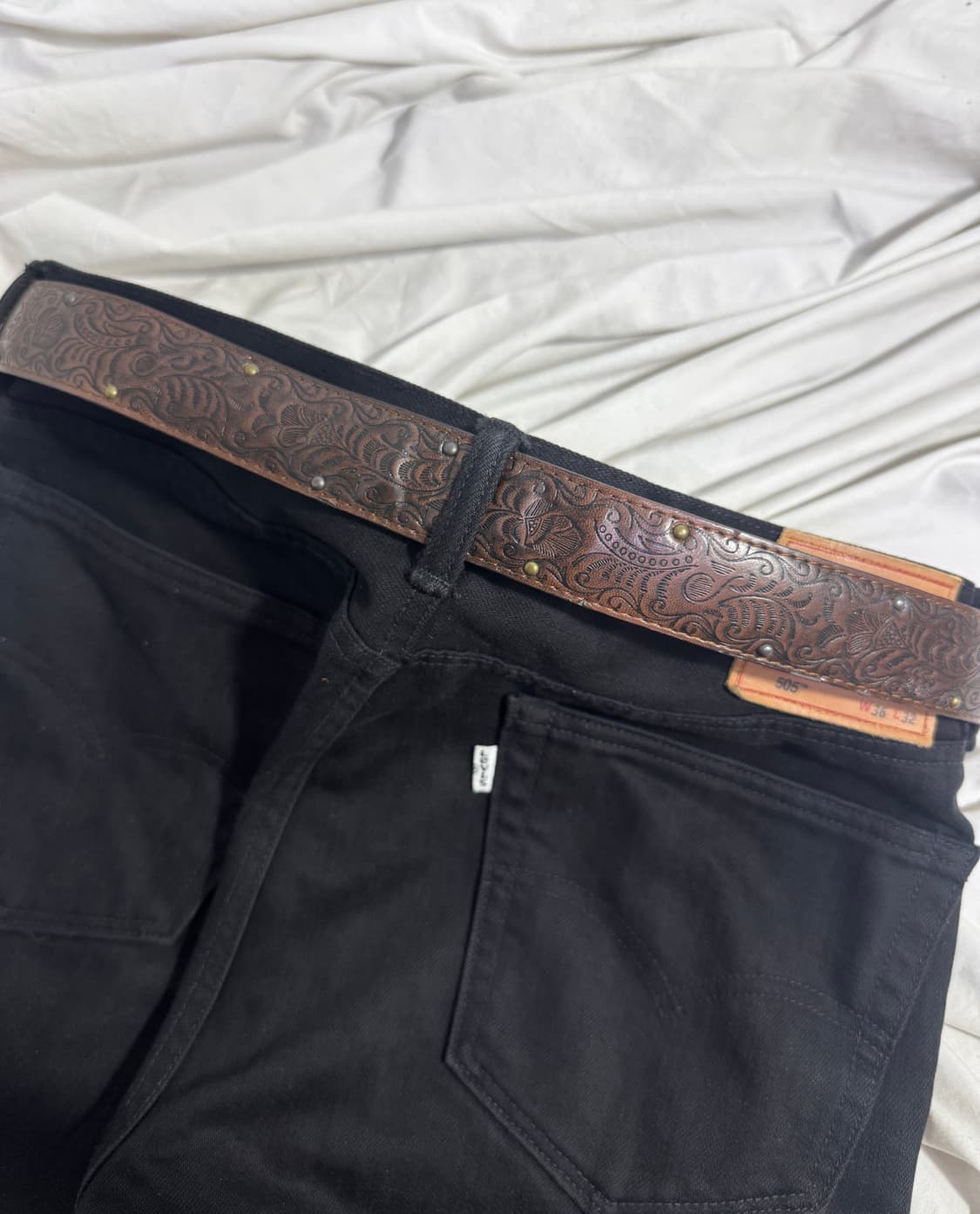 빈티지 플로럴 엠보싱 웨스턴 레더 벨트 스터드 상품이미지4