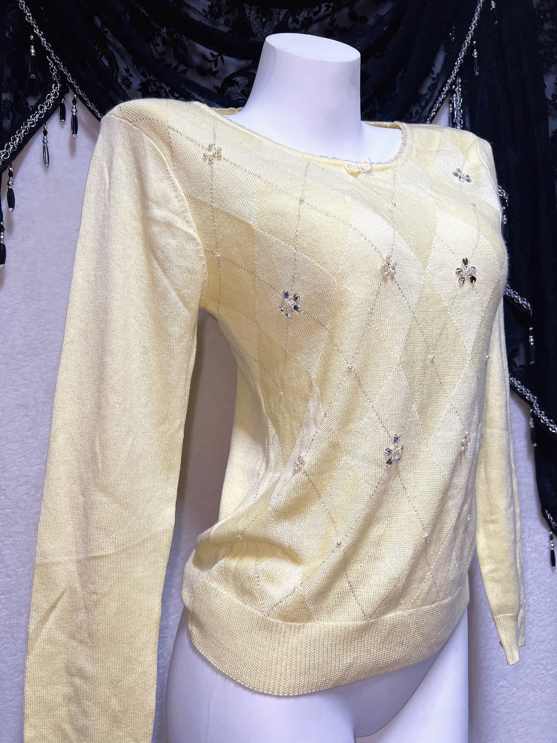 일브 아가일 진주 큐빅 니트 로맨틱갸루 로걀탑 러블리 라떼 핀터 하구미 상품이미지4