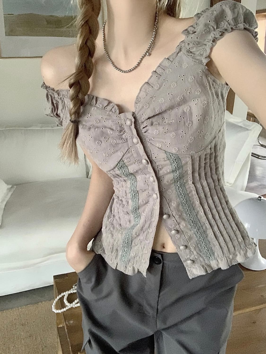 히피디피 엔젤 블라우스 빈티지 브라운 지그재그 에이블리 상품이미지3