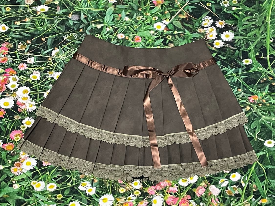 라떼갸루 초코 레이스 리본 플리츠 스커트 상품이미지1