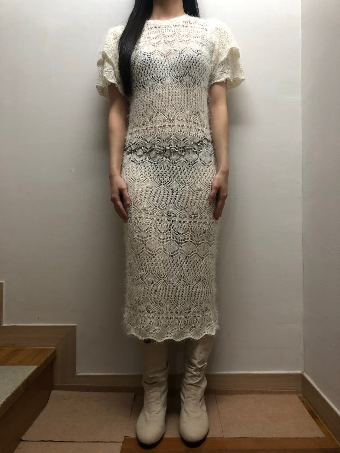빈티지 화이트 프릴 글리터 니트 원피스 상품이미지4