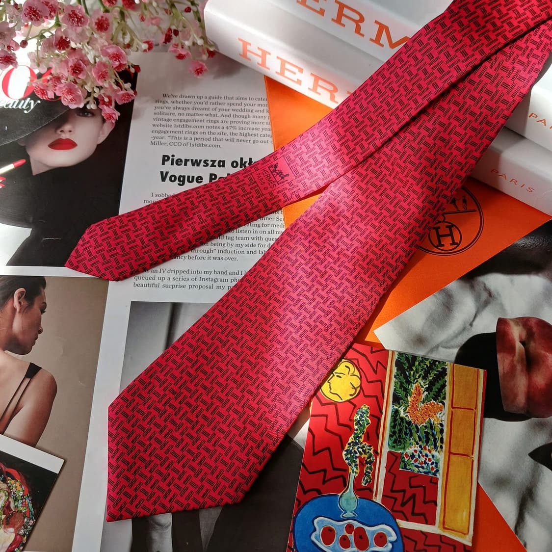 에르메스 실크 레드 H 패턴 넥타이 9.6cm A+~A등급 A19604
 상품이미지4