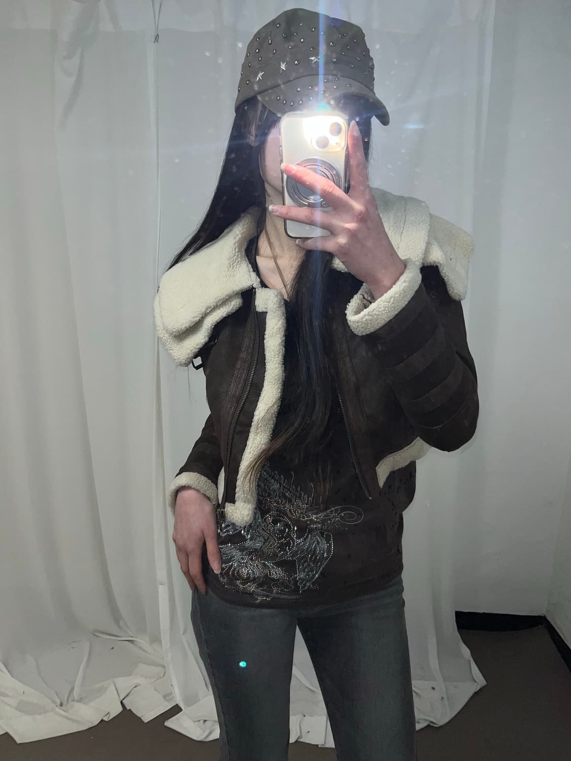 브라운 하이넥 더블카라 크롭 무스탕 상품이미지2