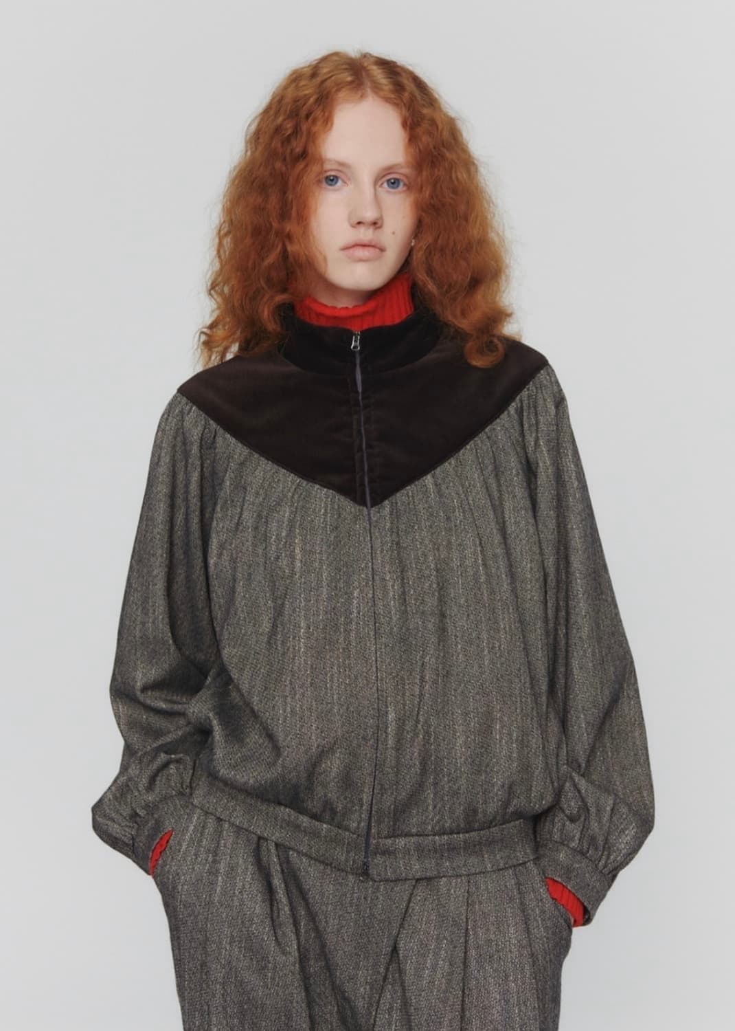 새제품.0) 아모멘토 울 트위드 요크 점퍼 벨벳울 블루종 자켓 브라운/차 상품이미지2