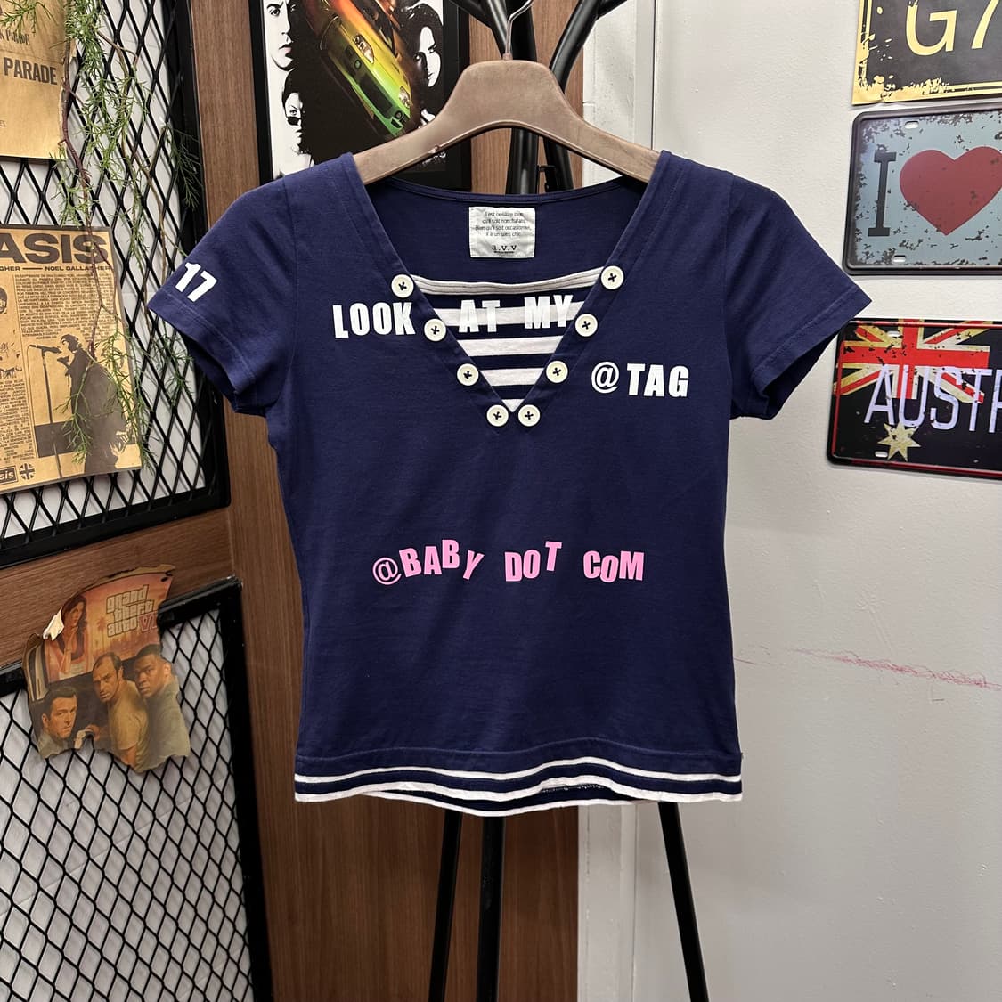 Navy Button Detail Baby Fit Crop Top 상품이미지1