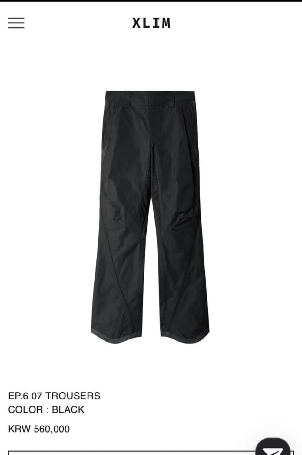 Xlim EP.6 07 TROUSERS BLACK S 사이즈 상품이미지1
