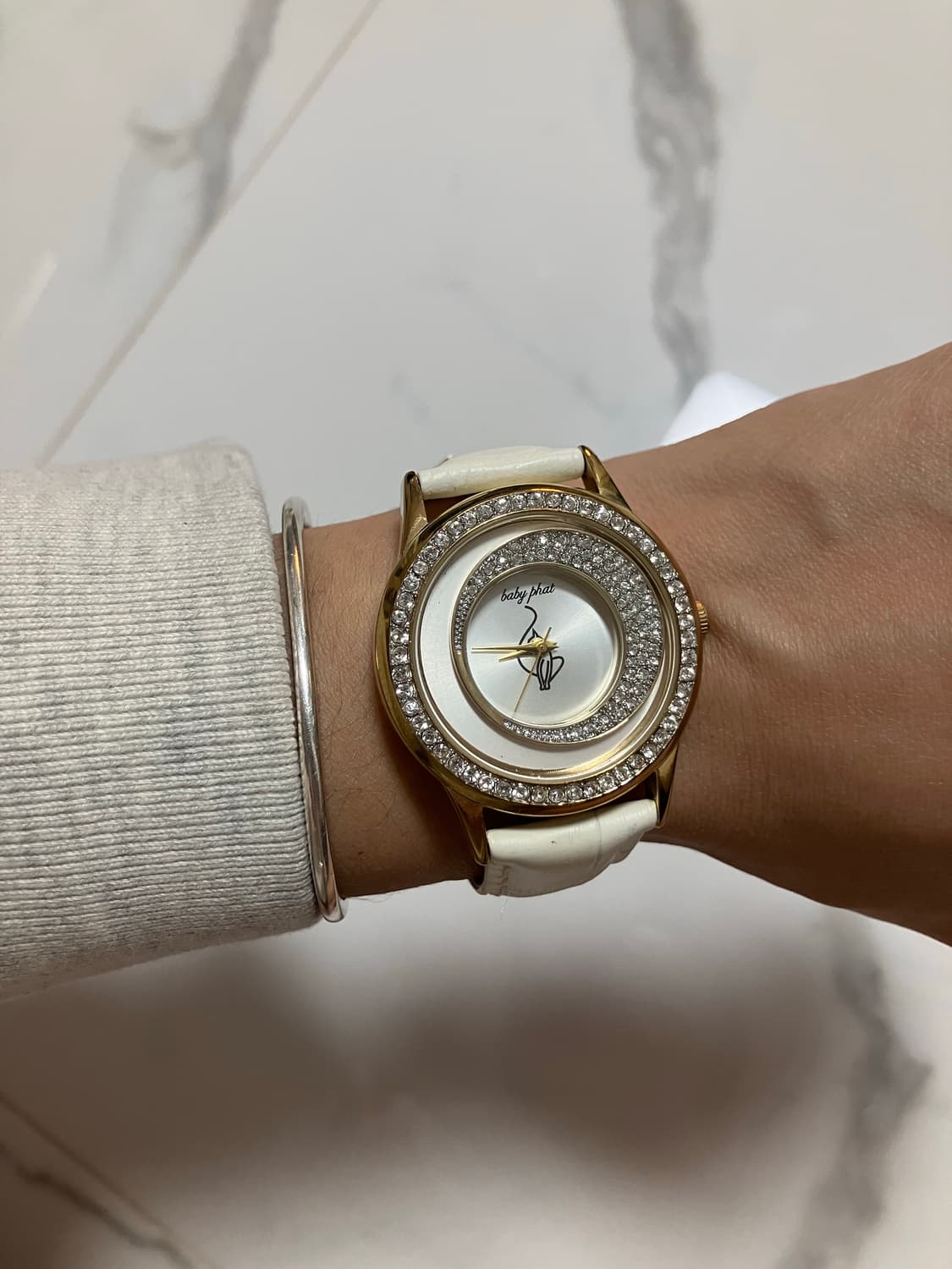 2000’s Y2K Baby Phat 여성 큐빅 손목시계 크림화이트 가죽 상품이미지1