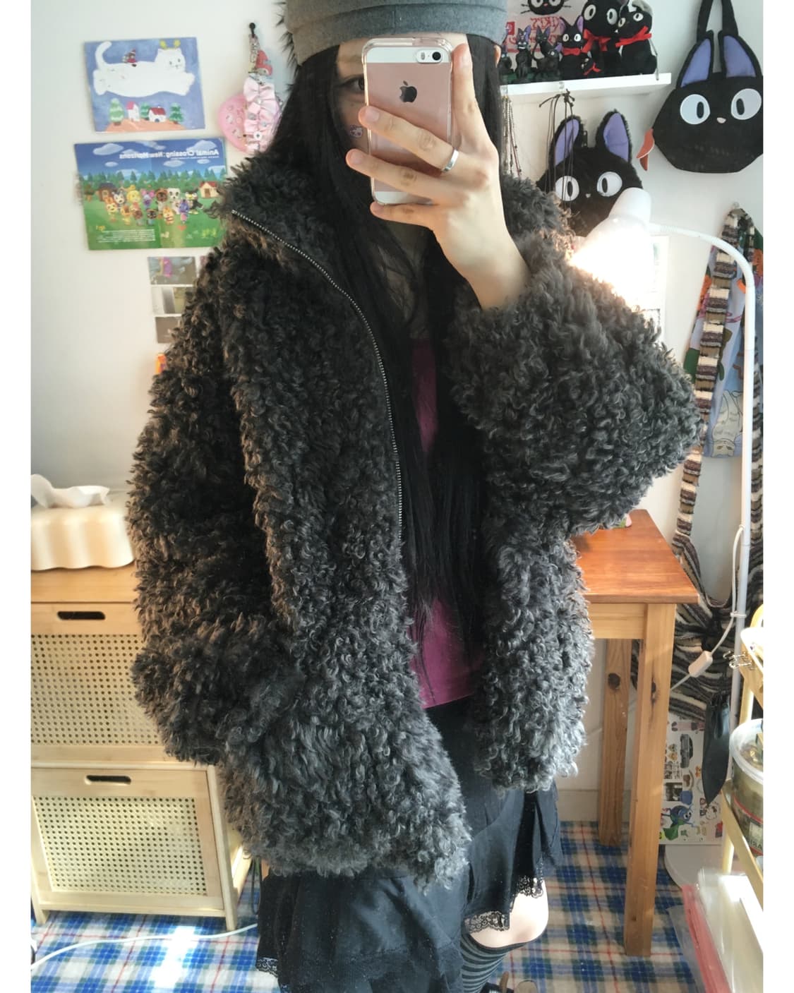 vintage curly fur zip-up jacket charcoal 상품이미지3