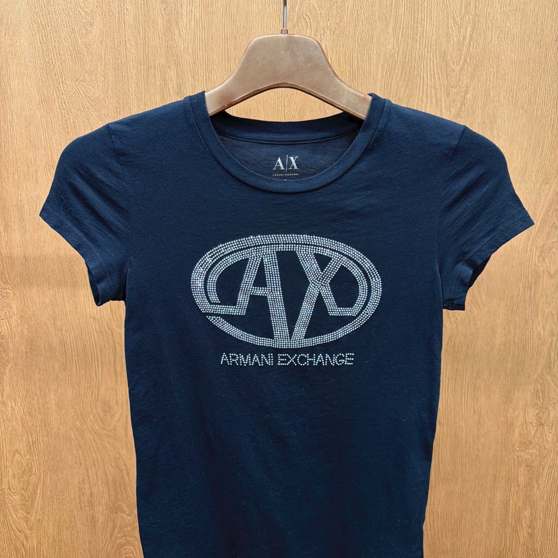 아르마니 익스체인지 캡소매 티셔츠 로고 큐빅 장식 디테일 슬림핏 네이비 상품이미지4