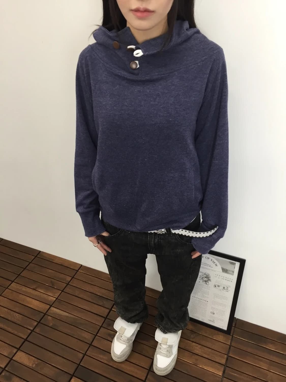 Jpn Cowl Neck Button Hoodie Navy 상품이미지2