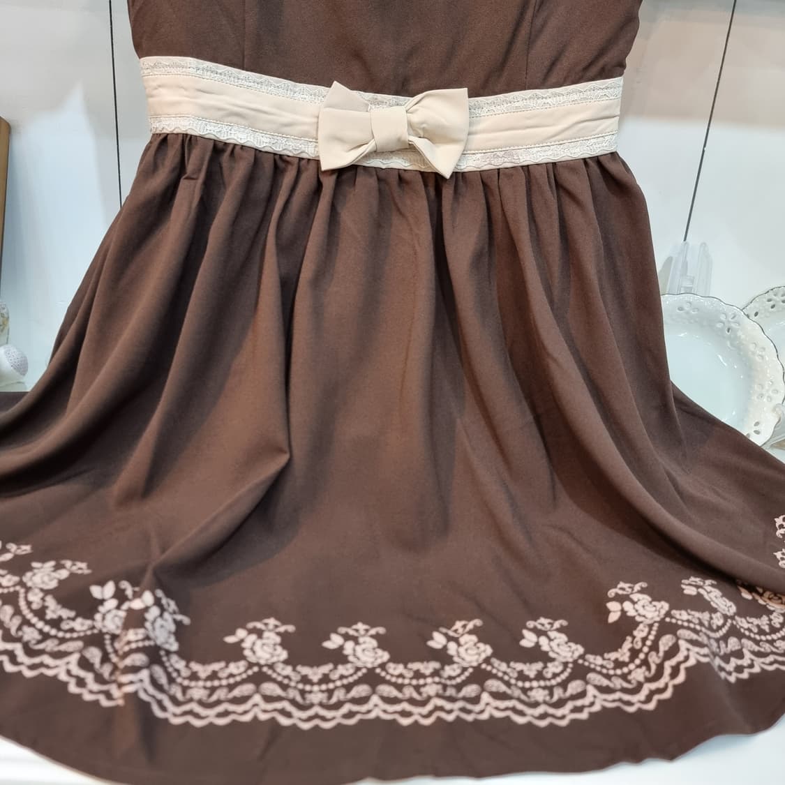 초코무드 배색 카라 리본원피스 상품이미지4