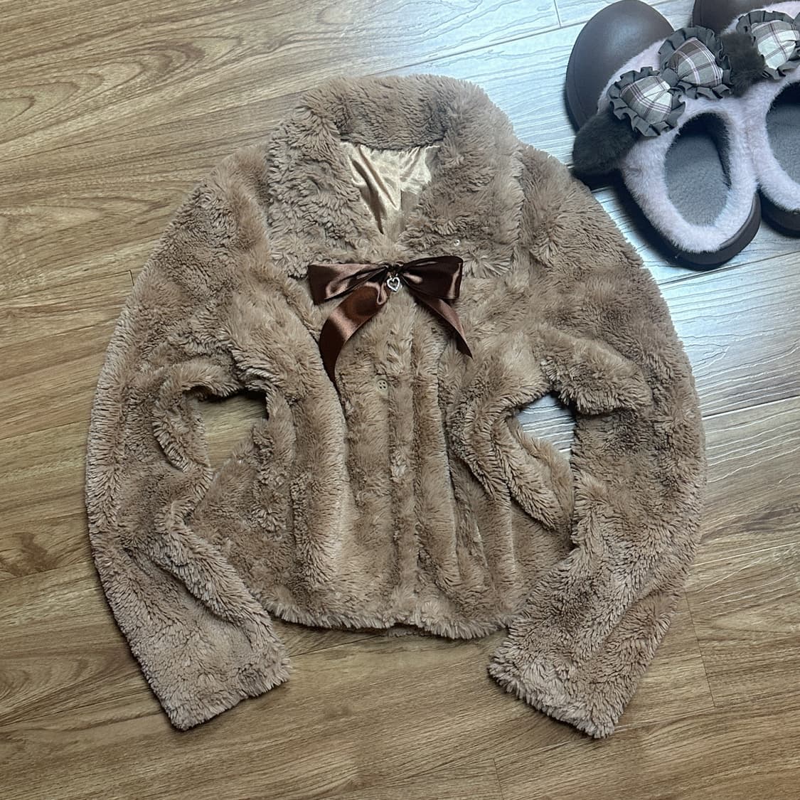 빈티지 라떼 브라운 퍼 리본 보석 코트 자켓 히메갸루 로걀 모리걸 페어리 상품이미지1