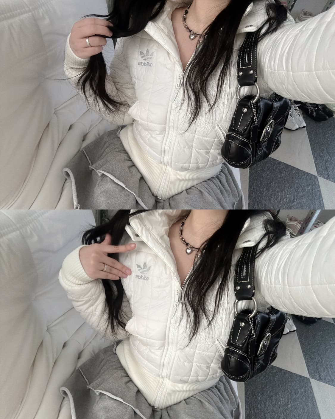 아디다스 화이트 스퀘어퀼팅 후드 점퍼 상품이미지1