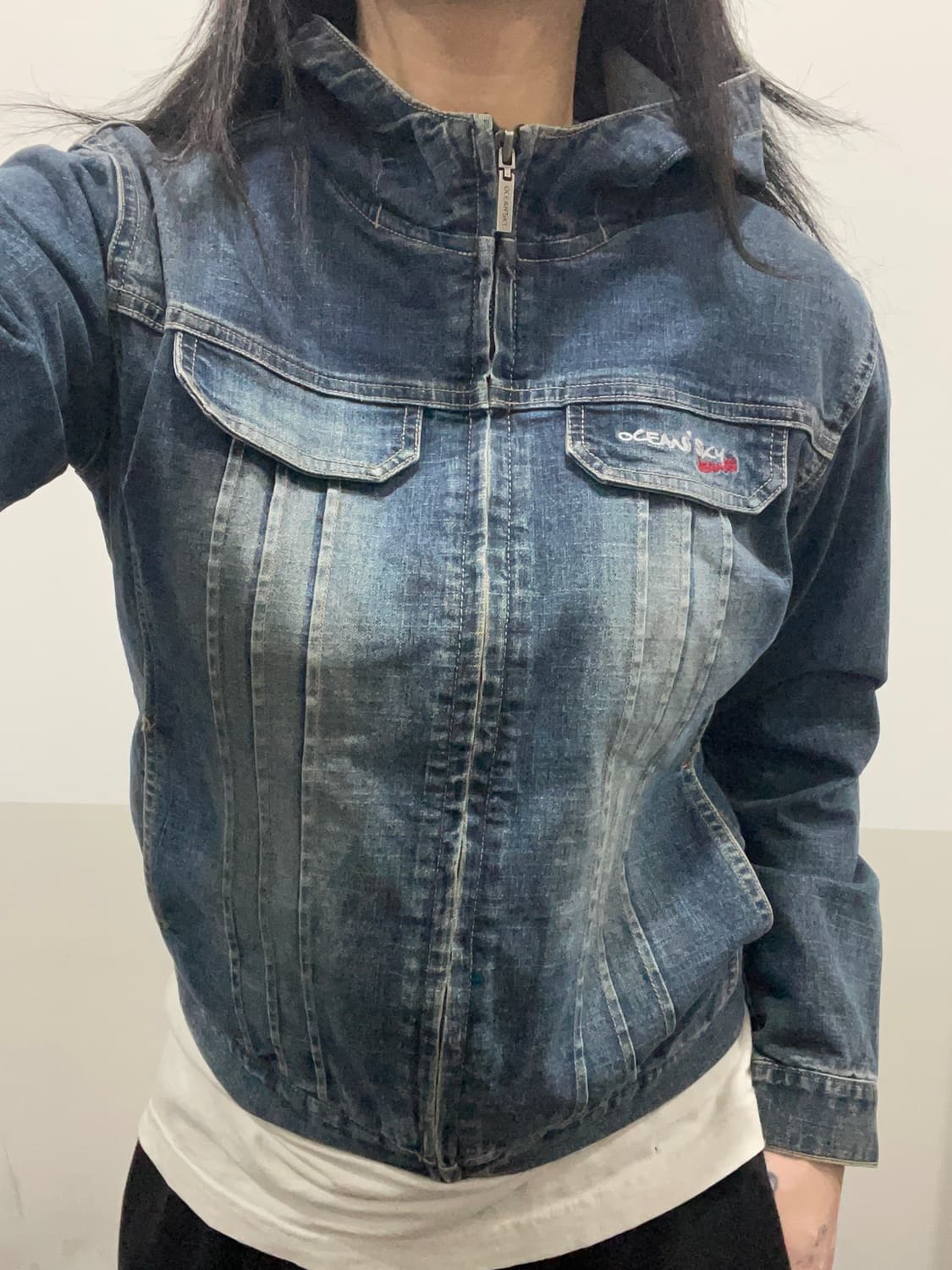 핀턱라인 워싱 데님 하이넥 후드자켓 상품이미지1