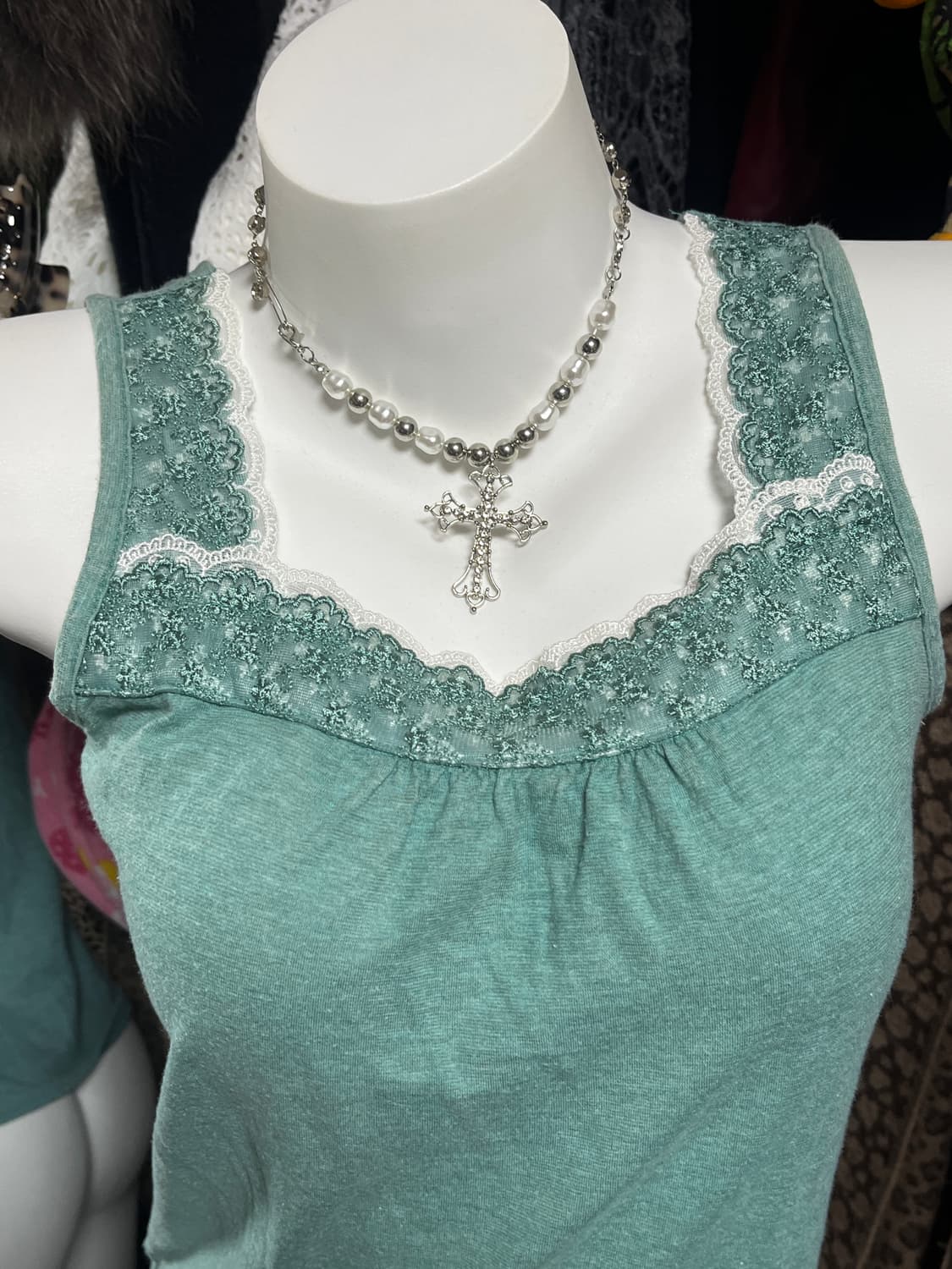 y2k 모리 민트 레이스 슬리브리스 상품이미지2