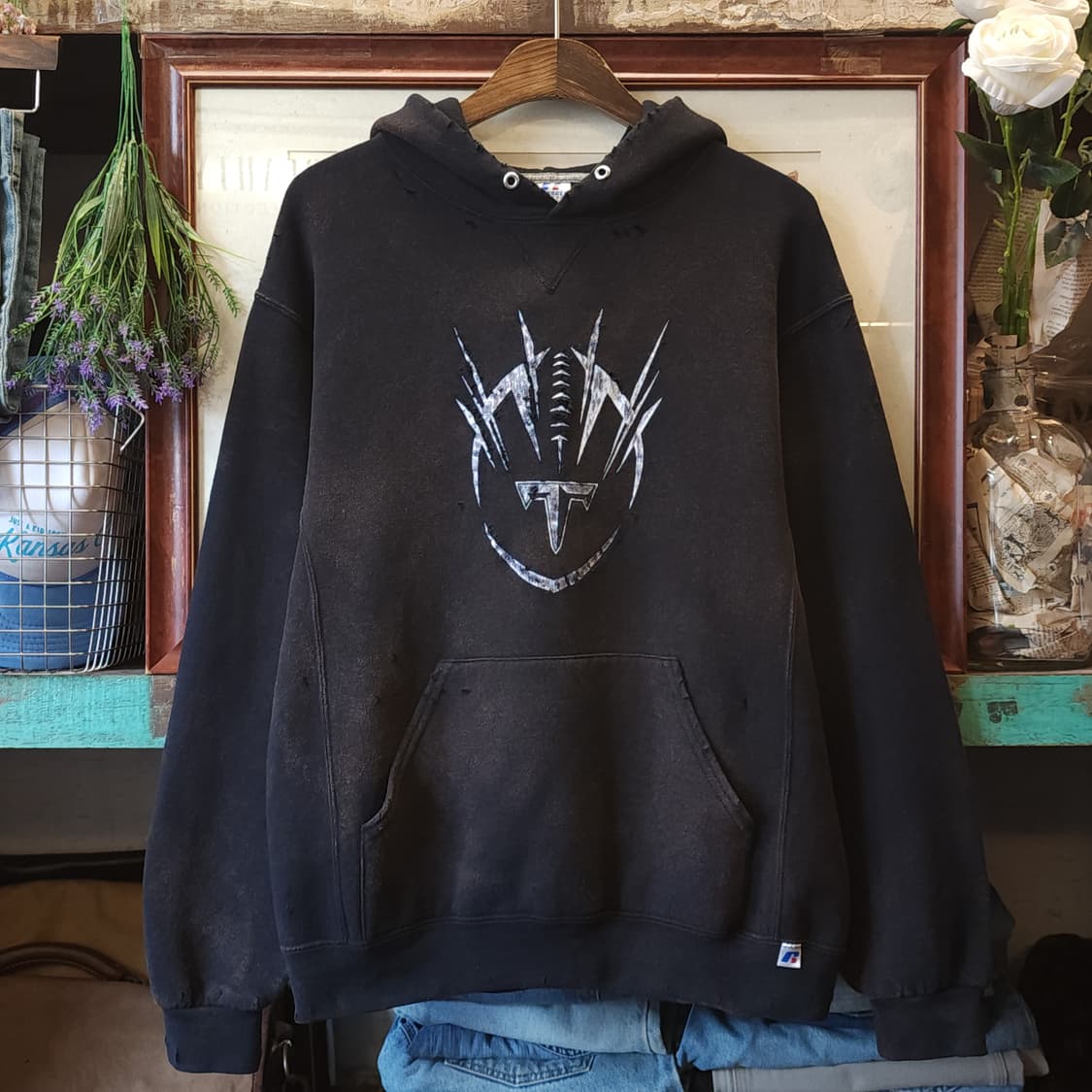 90s 러셀 후드 빈티지 스웻셔츠 썬페이딩 블랙 프린팅 M 상품이미지1