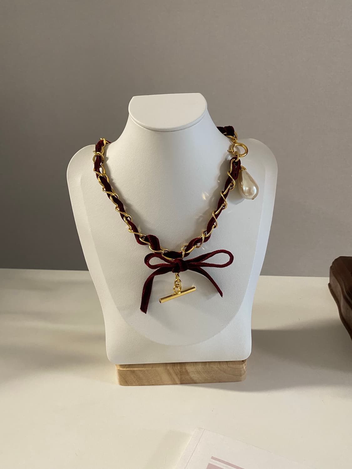 빈티지 버건디 벨벳 리본 진주 초커 상품이미지2