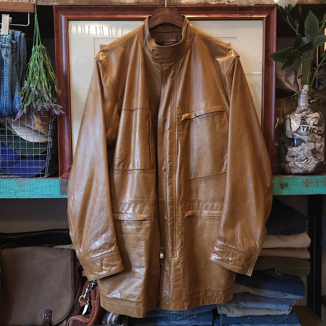 DKNY 도나카란 뉴욕 프렌치 바이커 레더자켓 카멜 M 상품이미지2