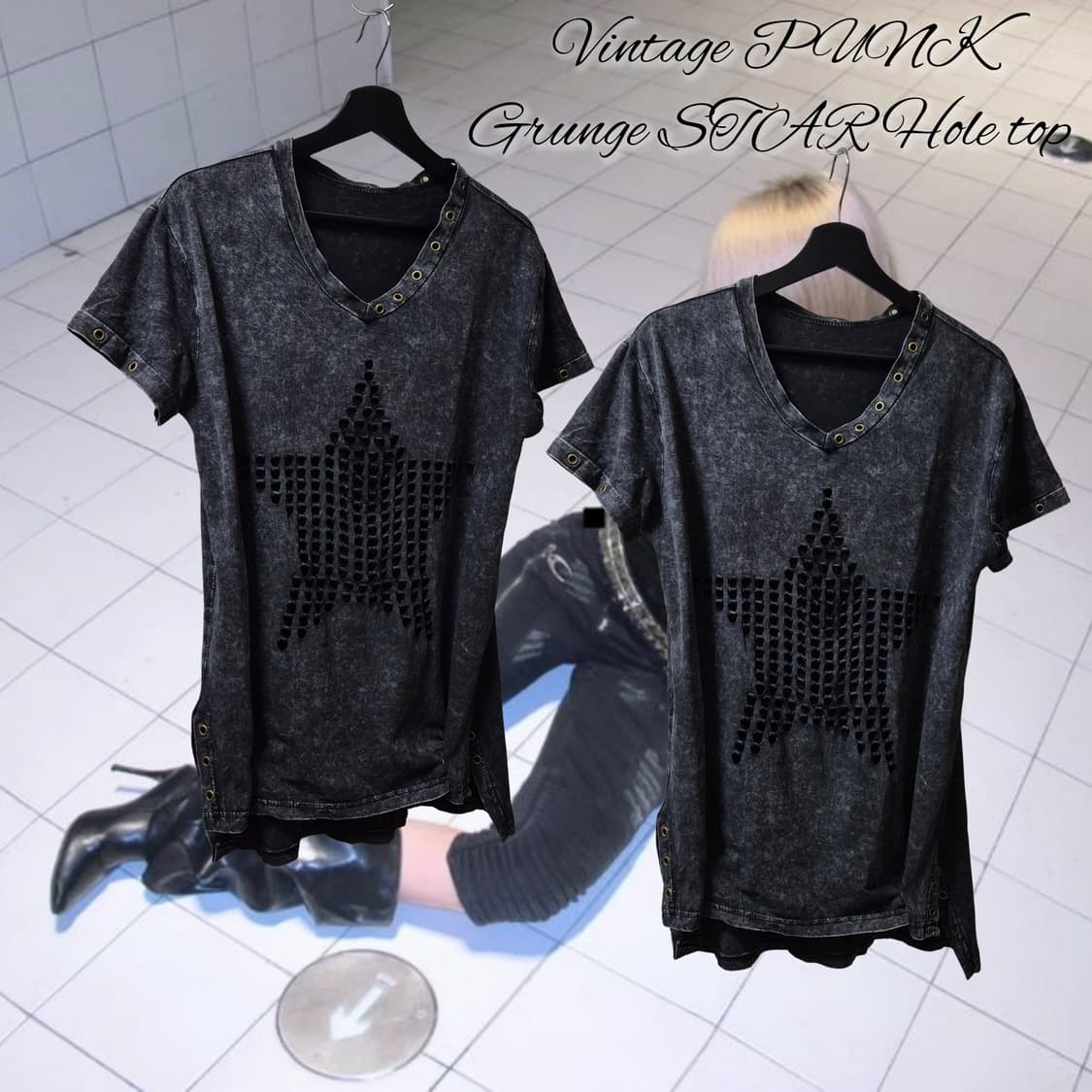 Vintage PUNK Grunge STAR Hole top 상품이미지1