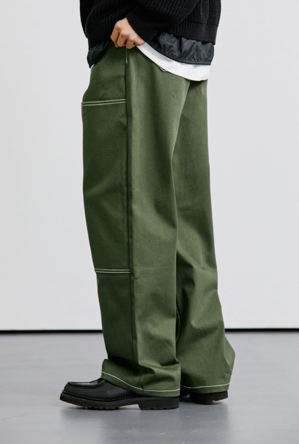 케이엔드 히로이 더블니 와이드 팬츠 카키 상품이미지10