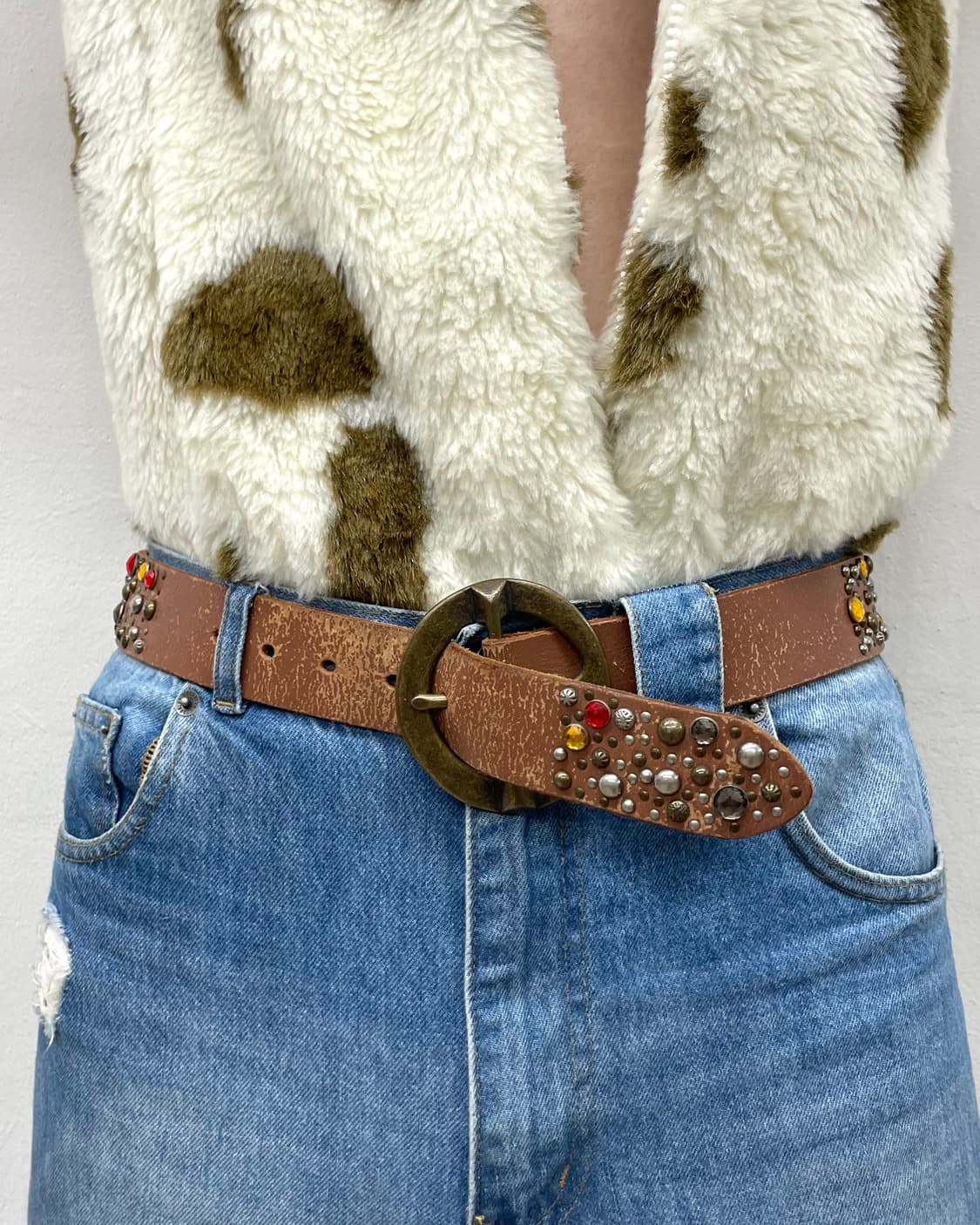 Gemstone Stud Brown Leather Belt 상품이미지2