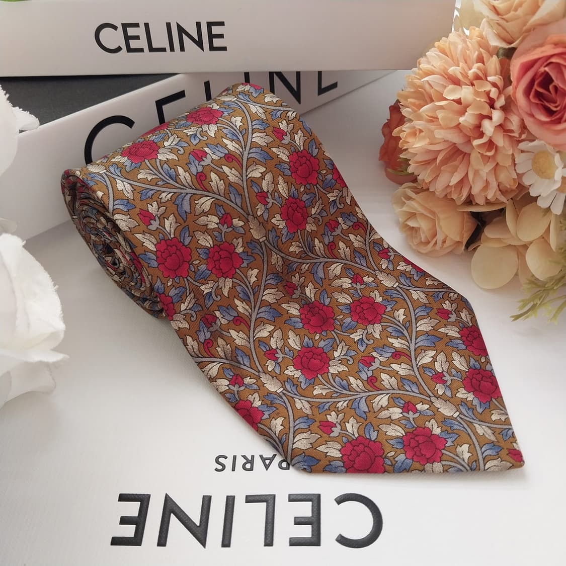 셀린느 실크 브라운 플라워 모티브 넥타이 9.6cm A등급 K1866
 상품이미지2