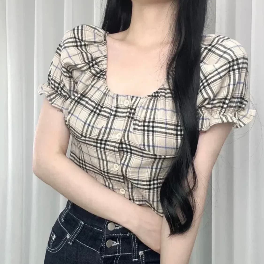 에이블리 딸기부티크 체크 반팔 오프숄더 상품이미지1