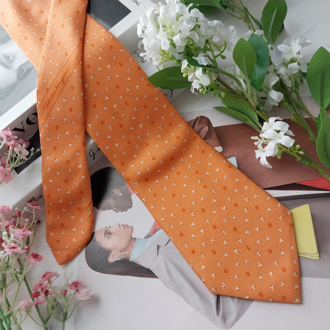 살바토레 페라가모 실크 오렌지 패턴 넥타이 9.6cm A등급 K2025 상품이미지2