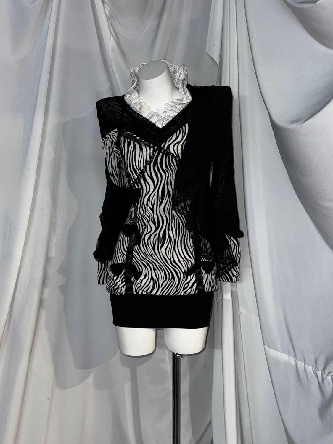 무채색 지브라 시부야갸루 딱붙 오픈숄더 코디세트 상품이미지9