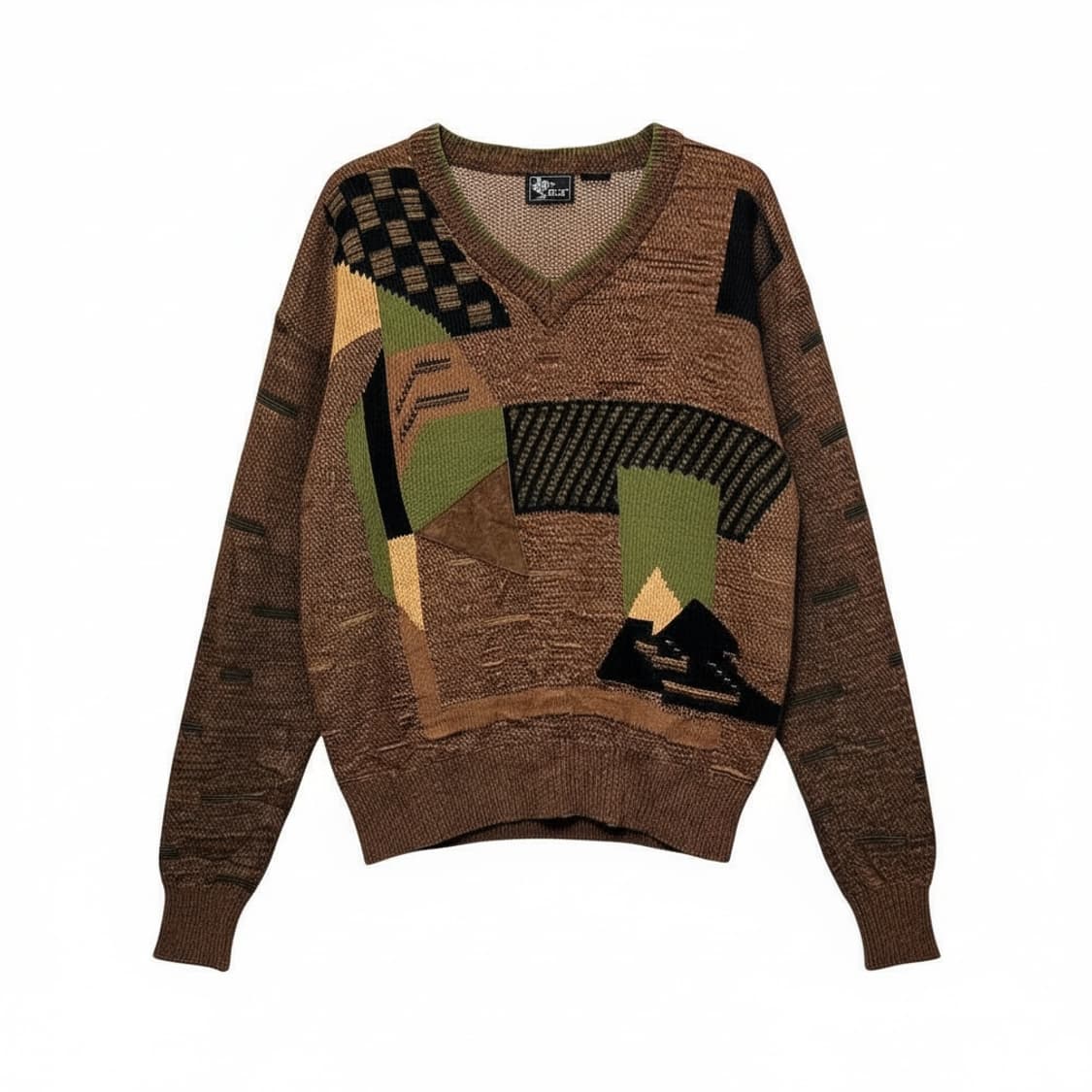 KR VINTAGE 브이넥 니트 기하학 패턴 패치워크 디테일 브라운 상품이미지1