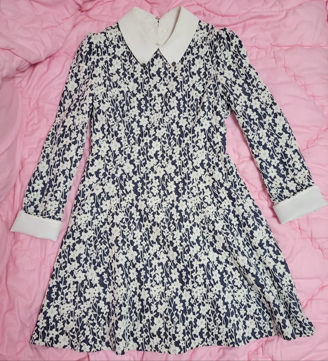 급처새상품!샤틴 탈부착 보석카라 플라워 A에이라인 플레어원피스 레니본st 상품이미지1