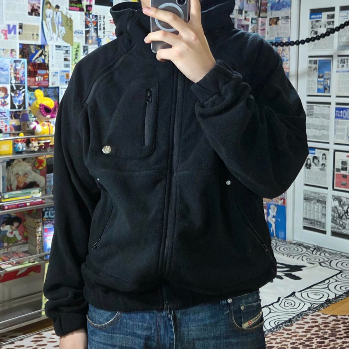 로어링라드 사선 지퍼 절개 블랙 플리스 집업 상품이미지2