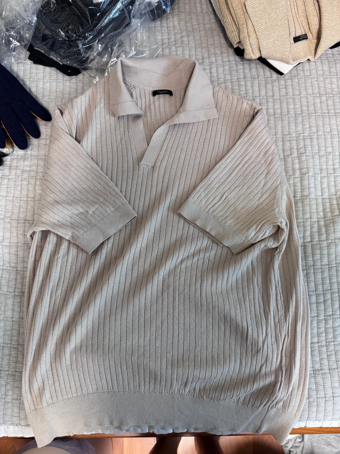 마시모두띠 / 리브드 니트 코튼 & 리넨 블렌드 폴로셔츠 베이지/XL 상품이미지3