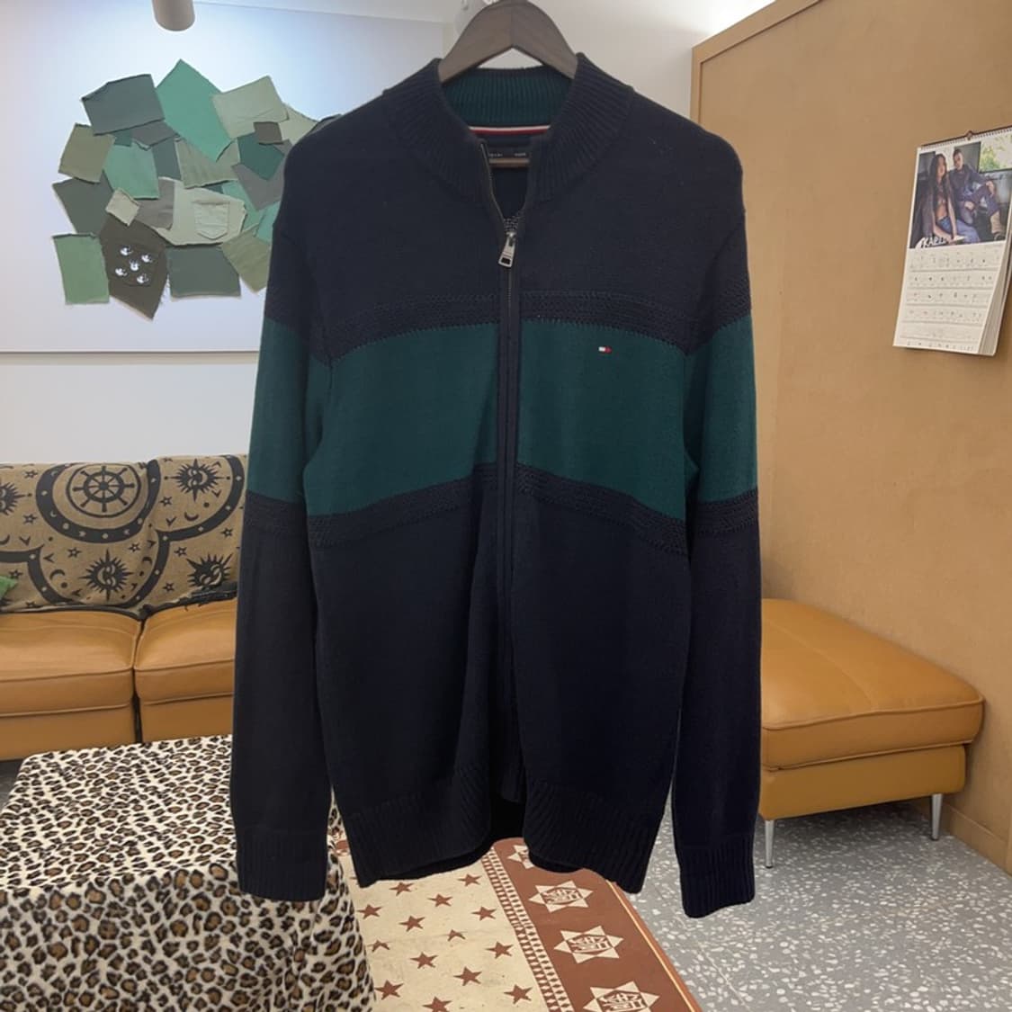 타미힐피거 올드스쿨 레트로 딥그린 배색 니트 집업 가디건 M C09337 상품이미지3
