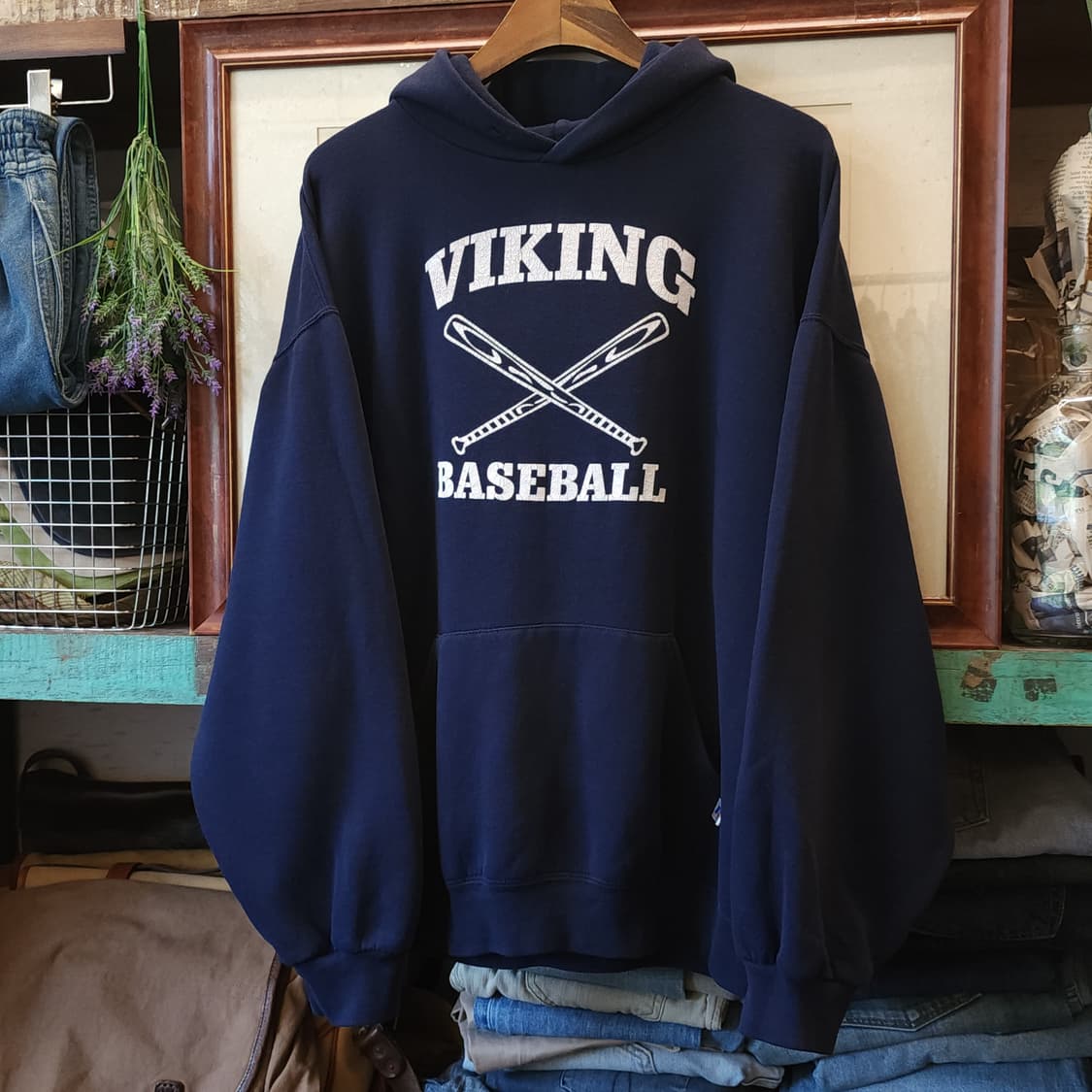 90s 러셀 후드 스웻셔츠 바이킹 미국 오리지널 빈티지 레터링 XL 상품이미지2