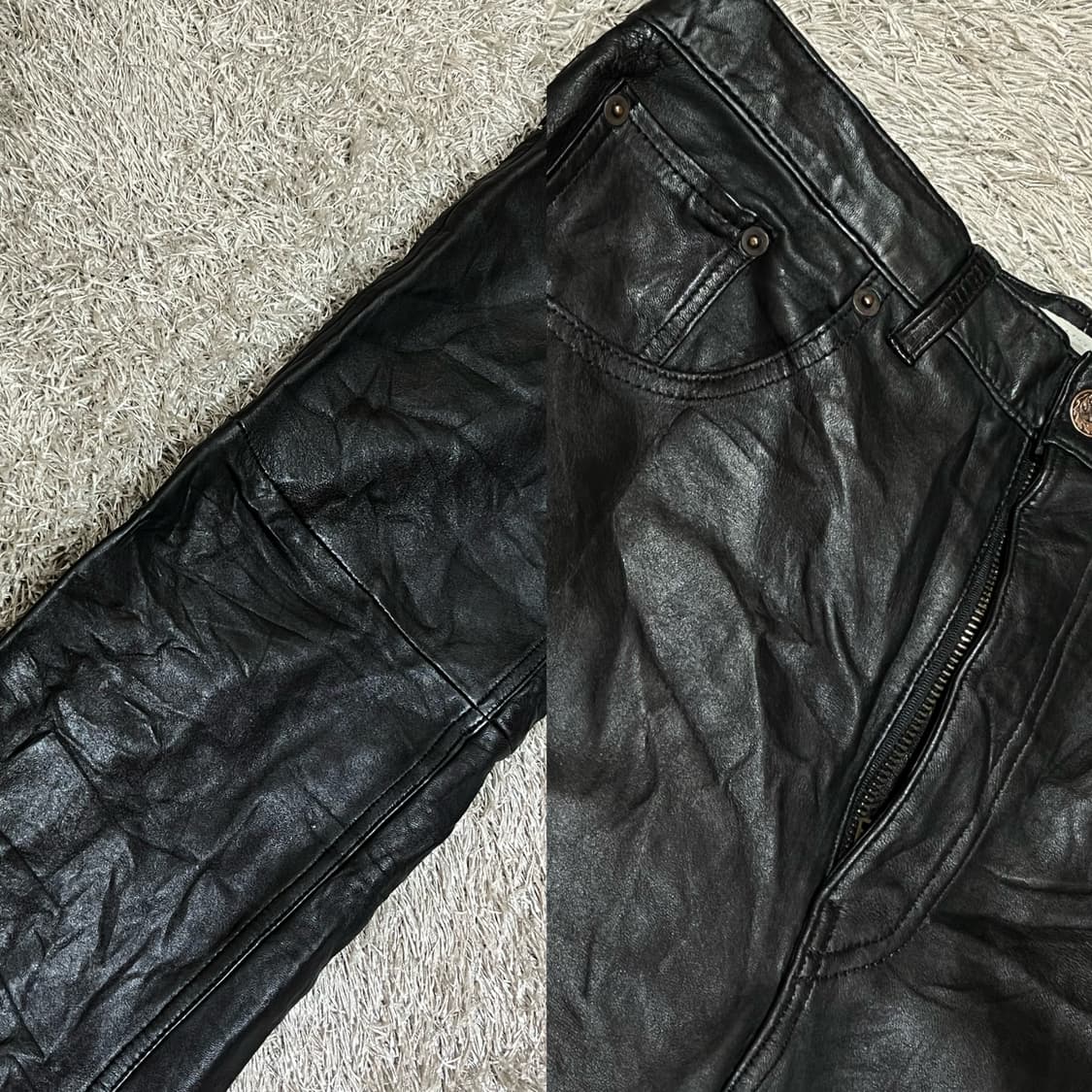 블랙 레더 스트레이트 팬츠 상품이미지5