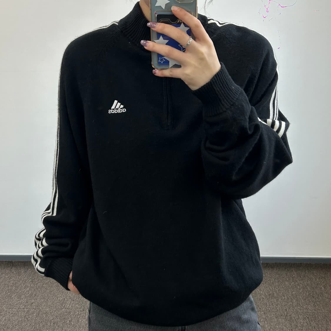 Adidas 아디다스 삼선 블랙 니트 반집업 상품이미지1