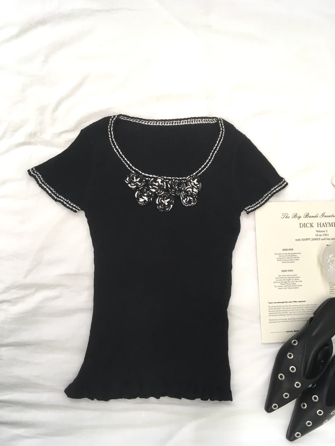 pn vintage black flower slim frill knit 상품이미지5