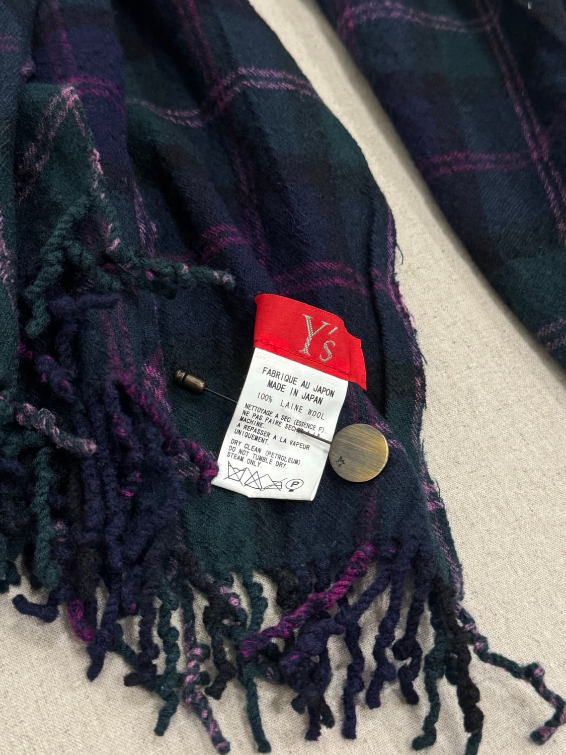 요지야마모토 러플 체크그린 울 머플러 상품이미지5