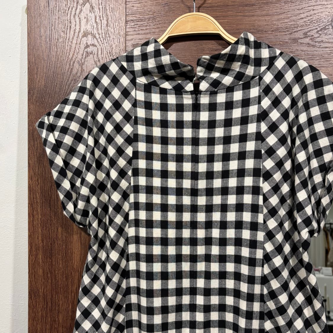일본 빈티지 모리 블랙 체크 코튼 레이스 폴라 반팔 원피스 상품이미지7