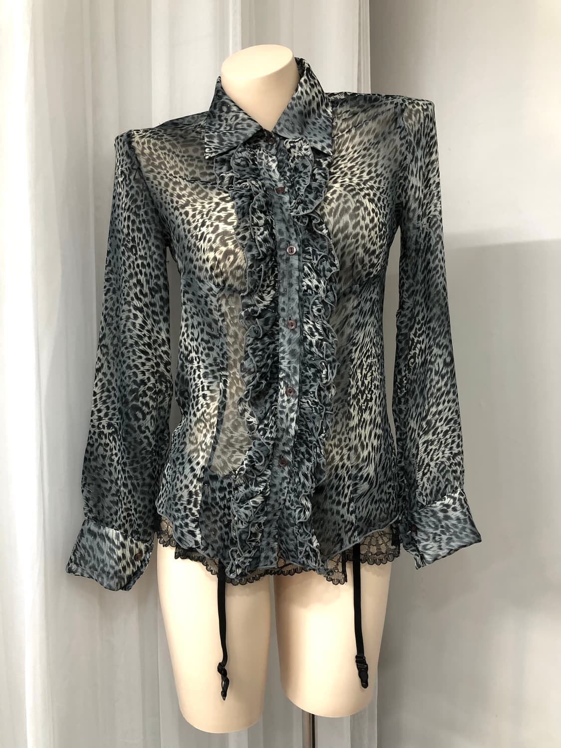 blue leopard frill sheer blouse  for  상품이미지2