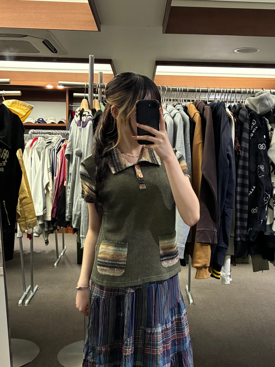 OS)Japanese vintage 여성 에스닉 패턴 하프버튼 반팔 니트 상품이미지1