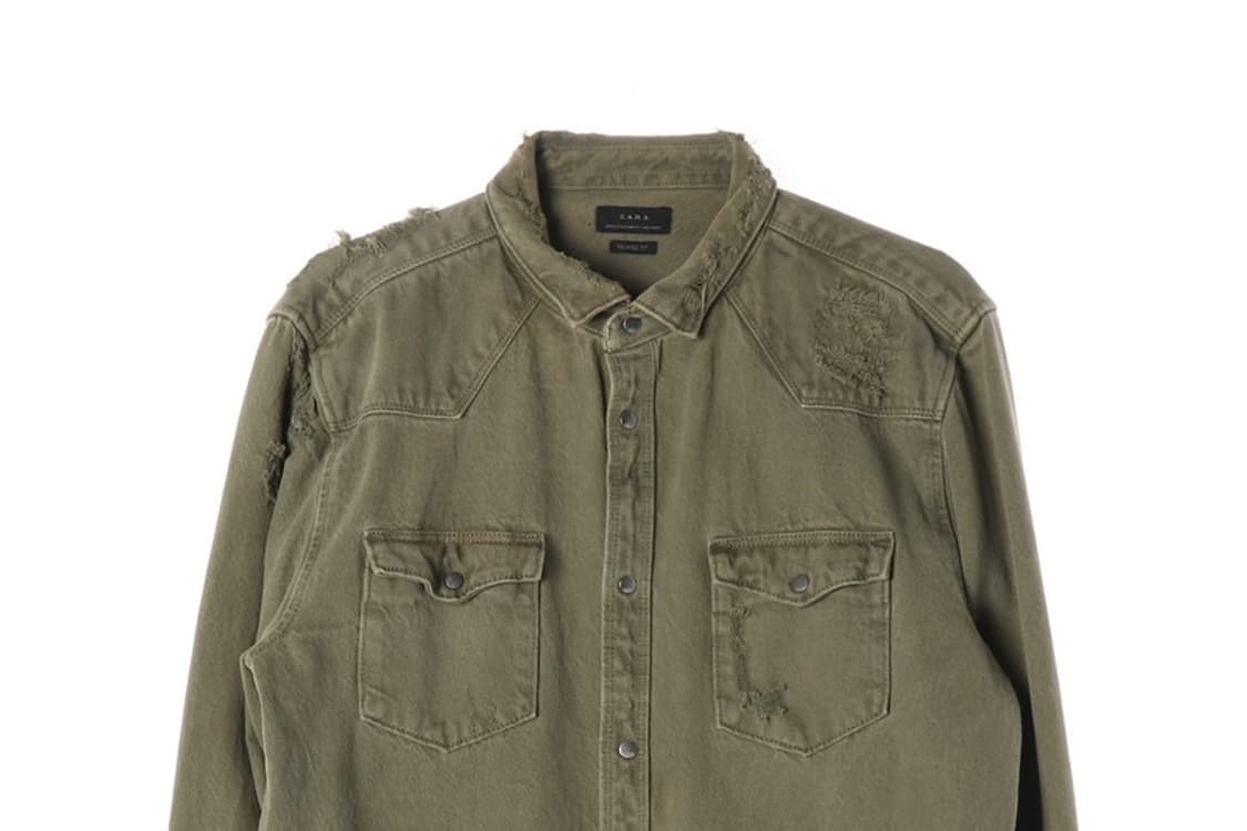 ZARA 릴렉스핏 카키 디스트레스드 데님 셔츠 XL 상품이미지3